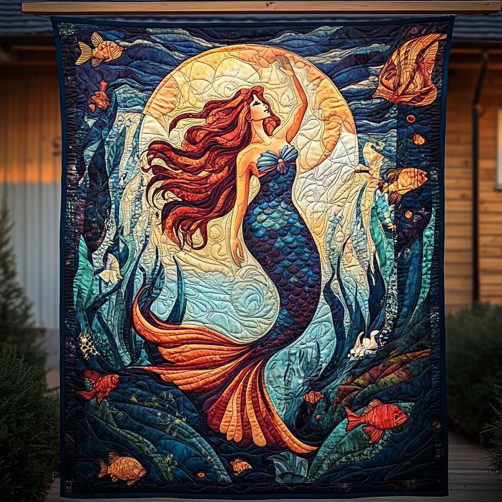 Moonlit Mermaid quilted throw – red-haired mermaid beneath a full moon