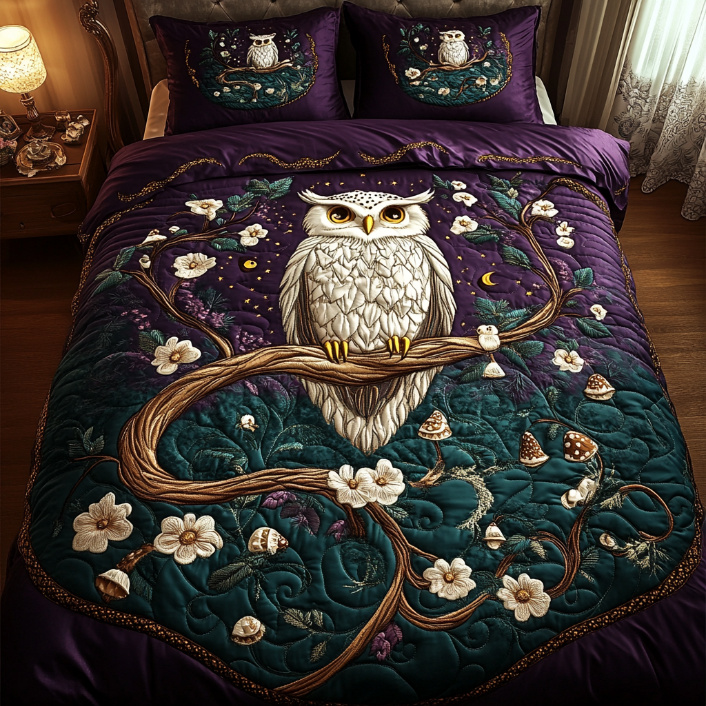 Moonlit Owl quilted bedspread set – white owl on a blossom branch on teal
