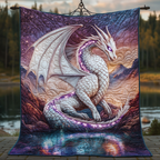 Lilac Dragon quilted throw – white and lilac dragon on a mirrored lake