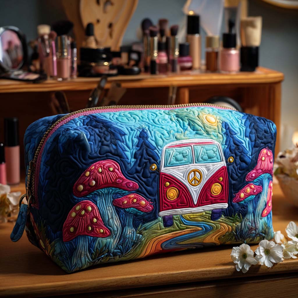 Quilted make-up bag with a retro camper van beneath a full moon, scattered stars and softly outlined hills in navy, cream and pale gold in the Moonlit Wander Van design