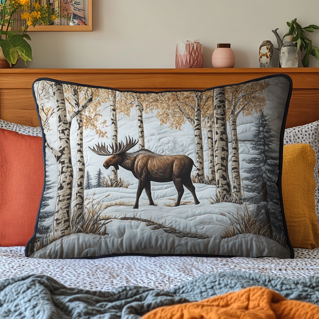 Moose in the Birches quilted pillowcase – moose walking through a snowy birch wood