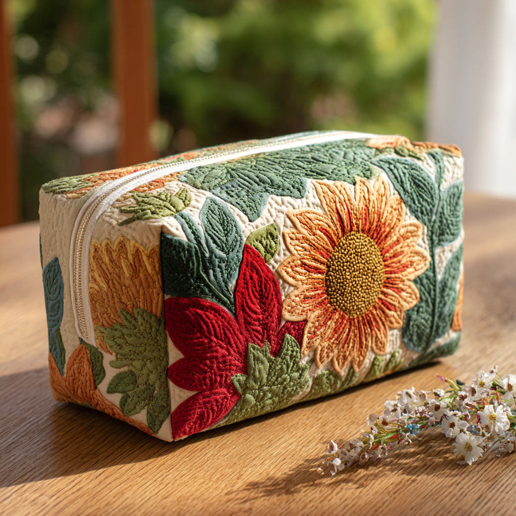 Quilted make-up bag with white daisies and small sunflowers opening together on a fresh light ground, threaded with slim leaves, in the Morning Bloom design