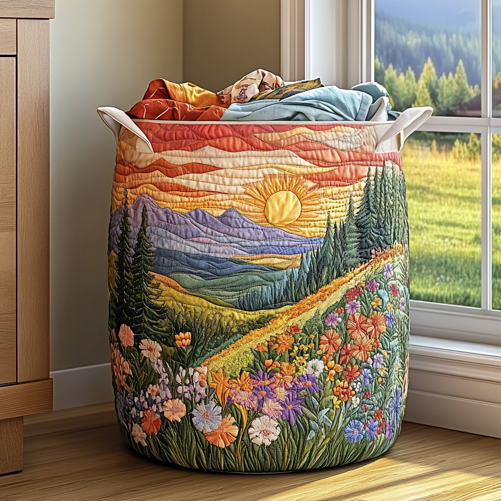 Quilted laundry basket with a mountain sunrise over a wildflower meadow
