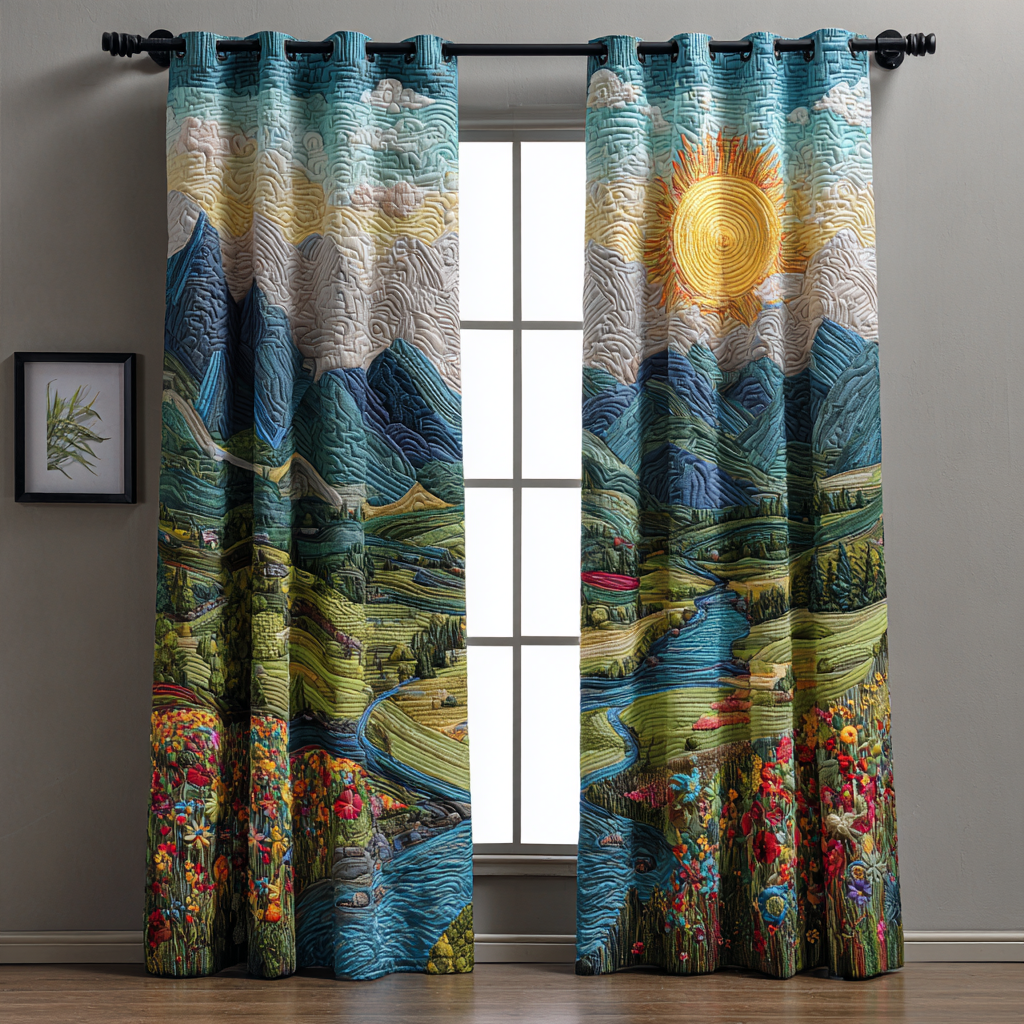 Morning Valley Glow quilted curtains – morning sun over green valleys