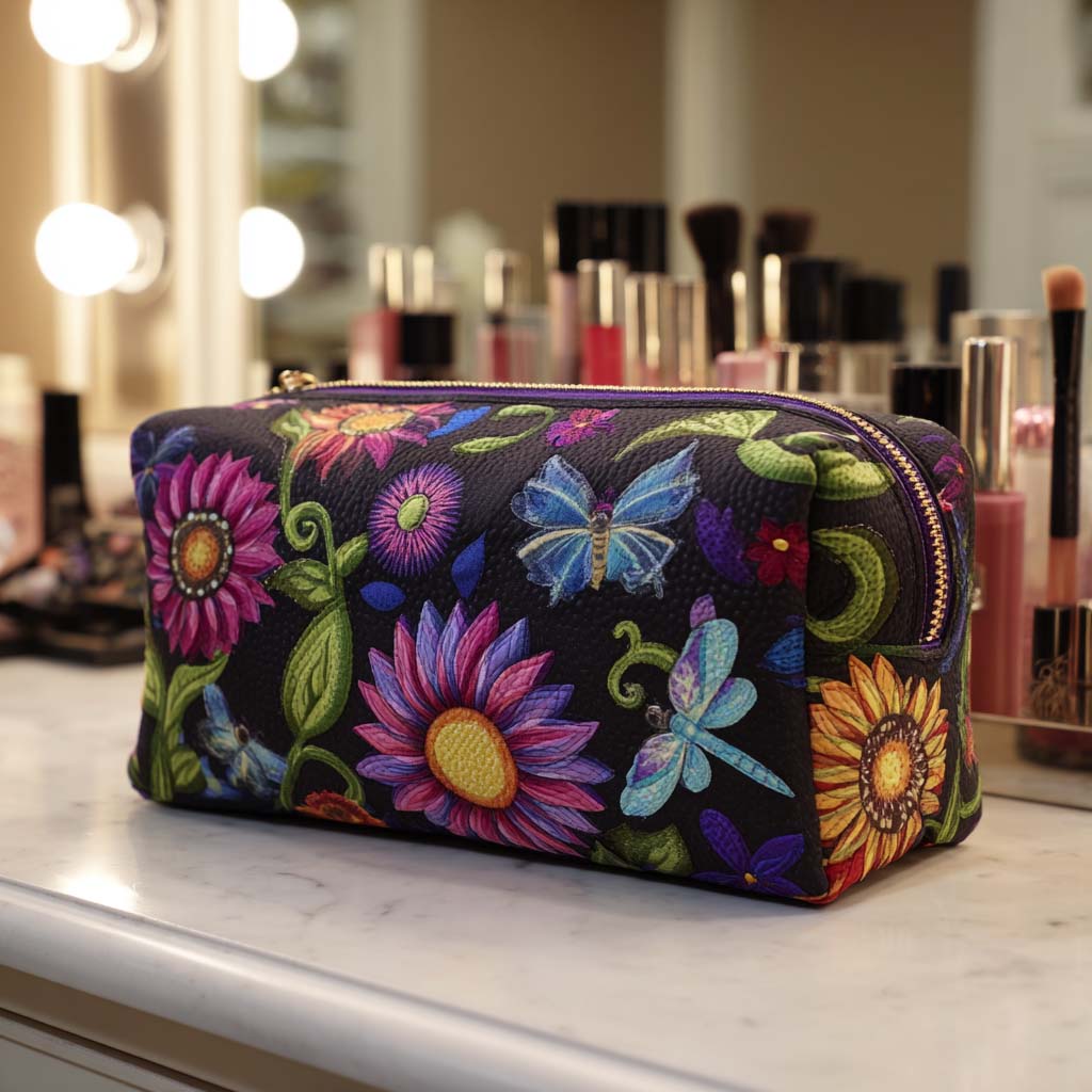 Quilted make-up bag with sunflowers in warm amber and honey gold, petals lit as if by early morning sun, in the Morning Glow design