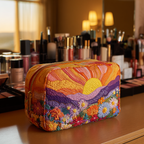 Morning Light quilted make-up bag with sunrise over layered purple and orange hills with wildflowers