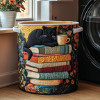 Teatime Book Cat quilted laundry basket – cat on stacked books