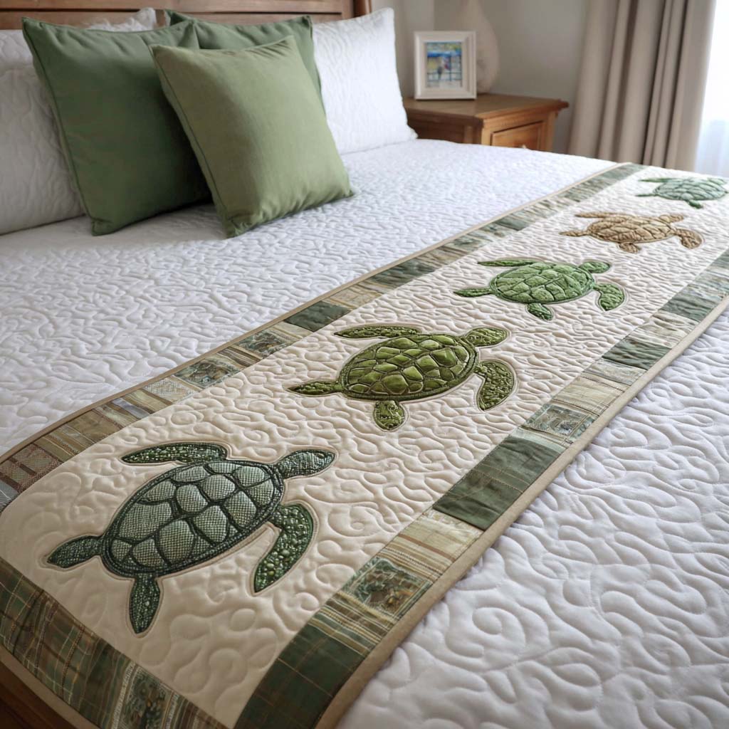 Green Turtles on Cream quilted bed runner – green sea turtles on cream