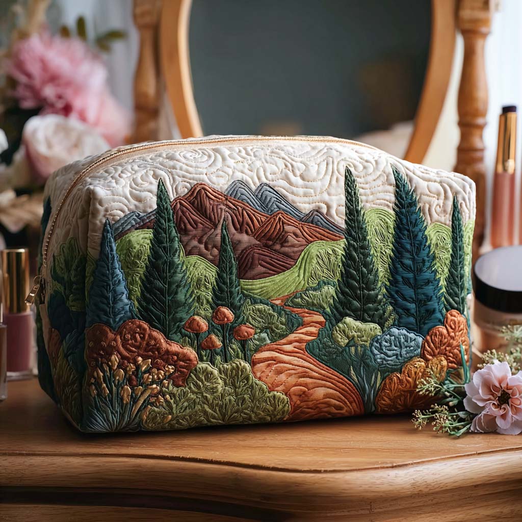 Quilted make-up bag with a retro camper van following a narrow green lane between mossy banks, ferns and small white daisies in the Mossy Pathways design