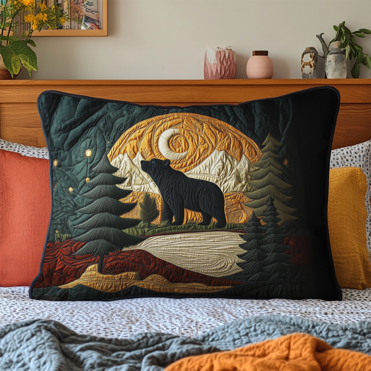 Bear under the Moon quilted pillowcase – black bear beneath a golden moon