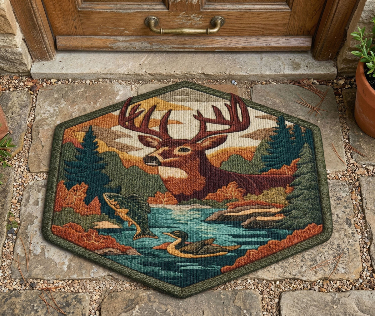 Mountain Catch shaped doormat – stag and river