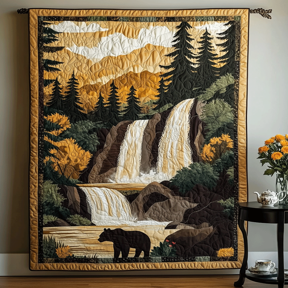 Bear Falls art quilt – bear by the falls
