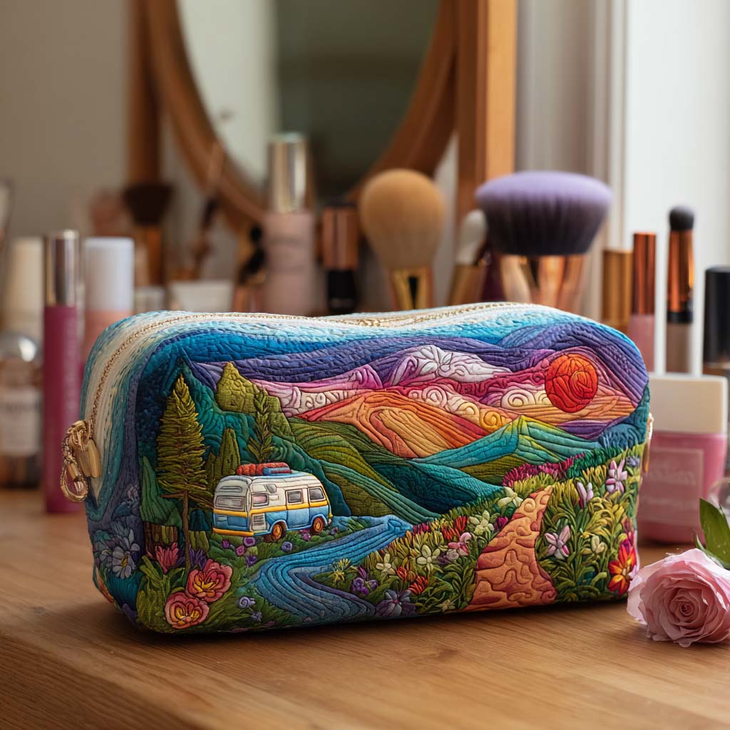 Quilted make-up bag with a retro camper van standing against layered mountains under an amber and rose sunset sky, with daisies in front, in the Mountain Glow Van design