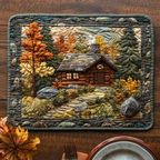 Mountain Hearth quilted placemats – cabin in autumn woods