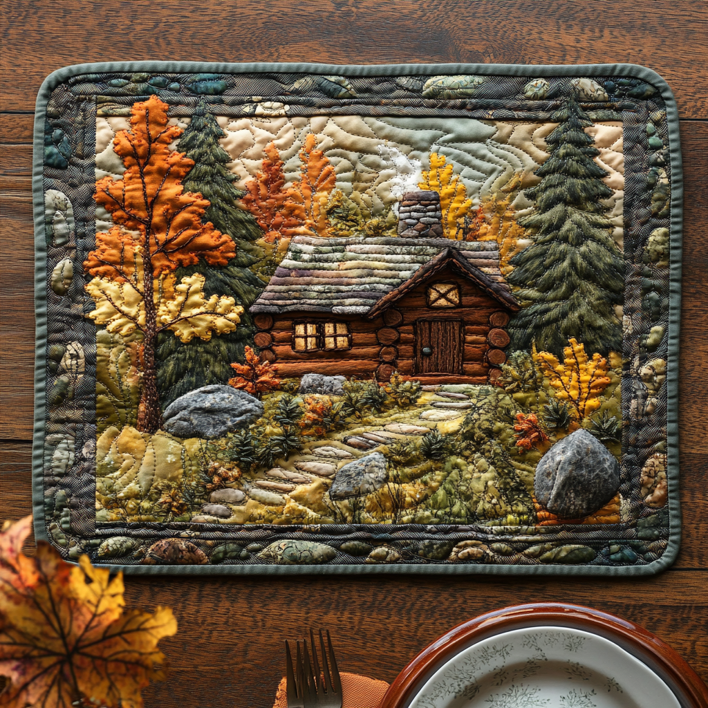 Mountain Hearth quilted placemats – cabin in autumn woods