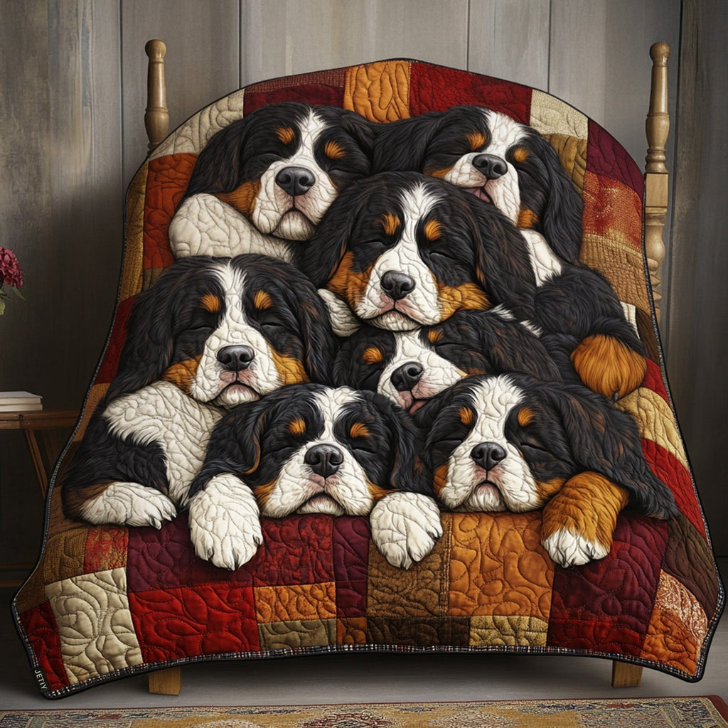 Bernese Pile quilted throw – bernese puppies snuggled on red patchwork