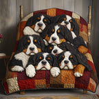 Bernese Pile quilted throw – bernese puppies snuggled on red patchwork
