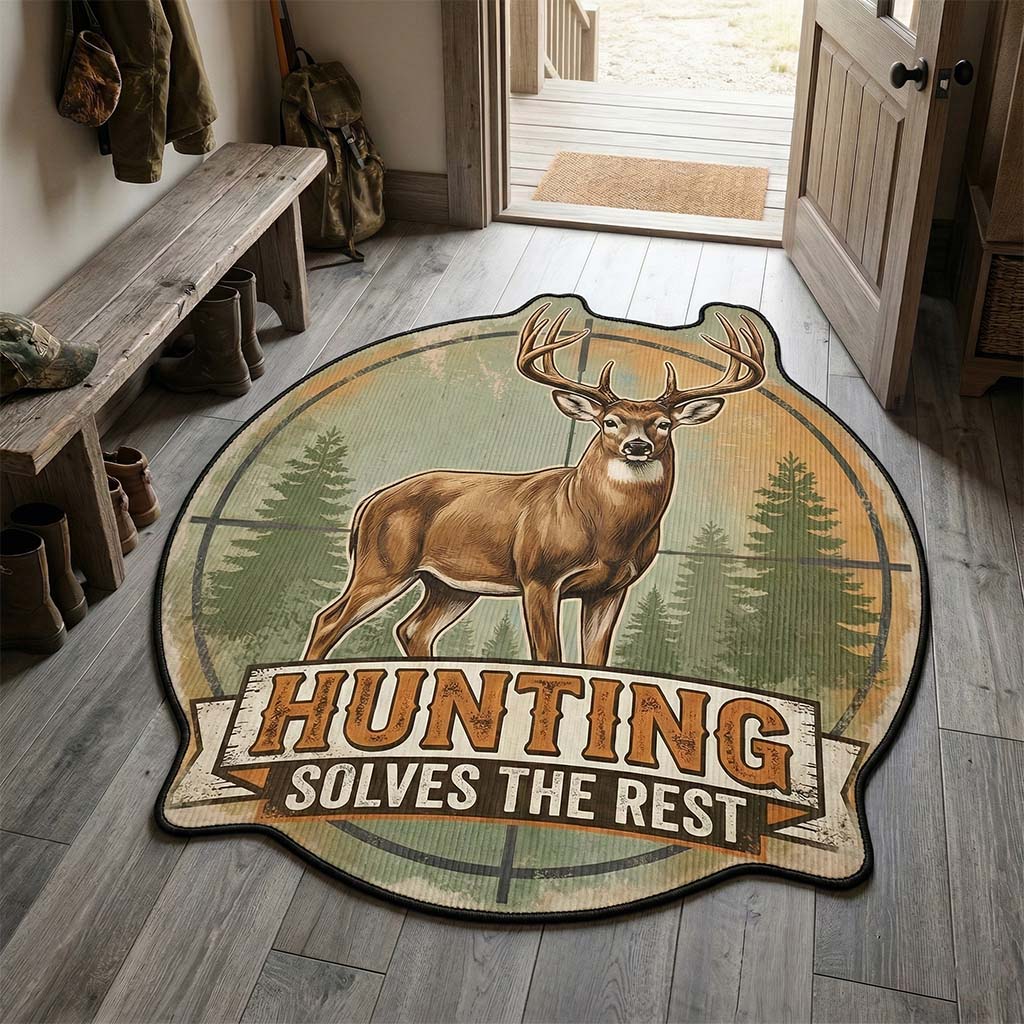 Mountain Sanctuary shaped rug – stag badge