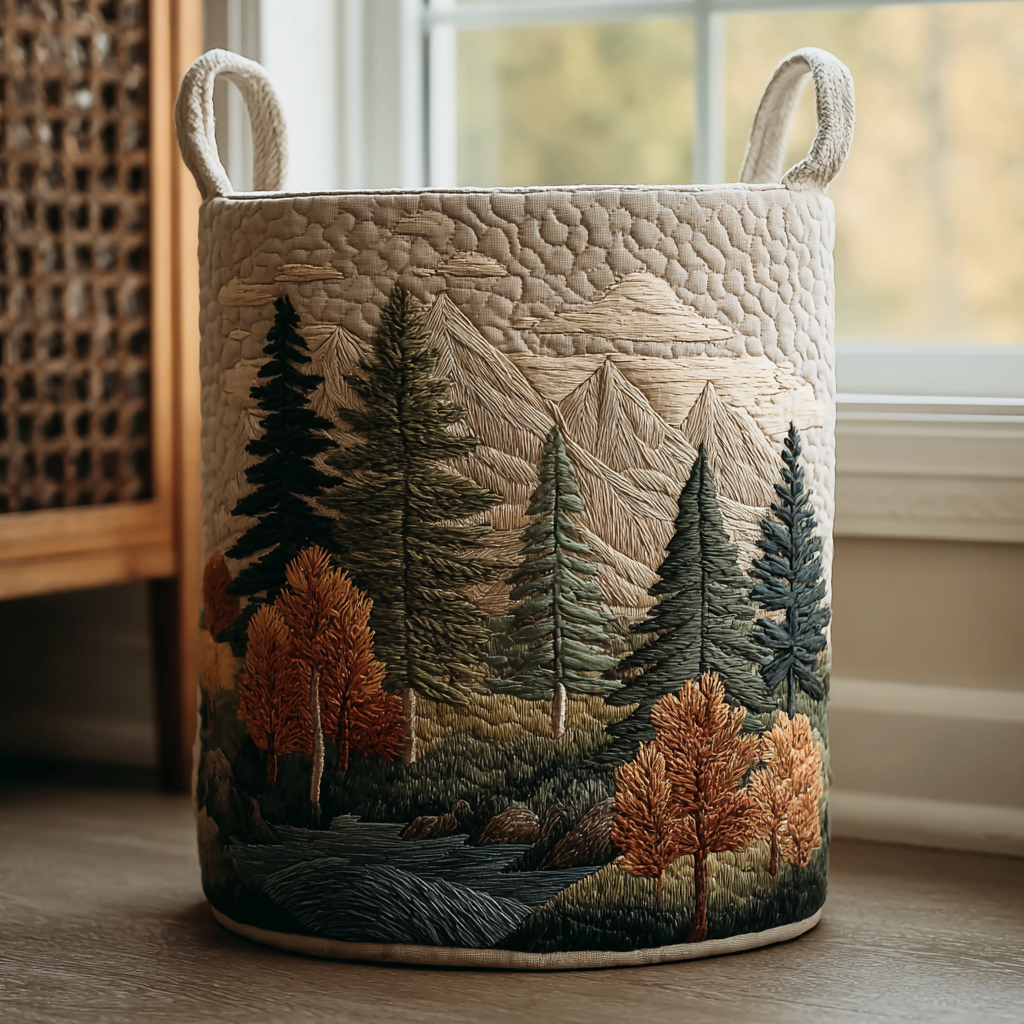 Quilted laundry basket with layered mountain ridges above a still lake in the Mountain View design