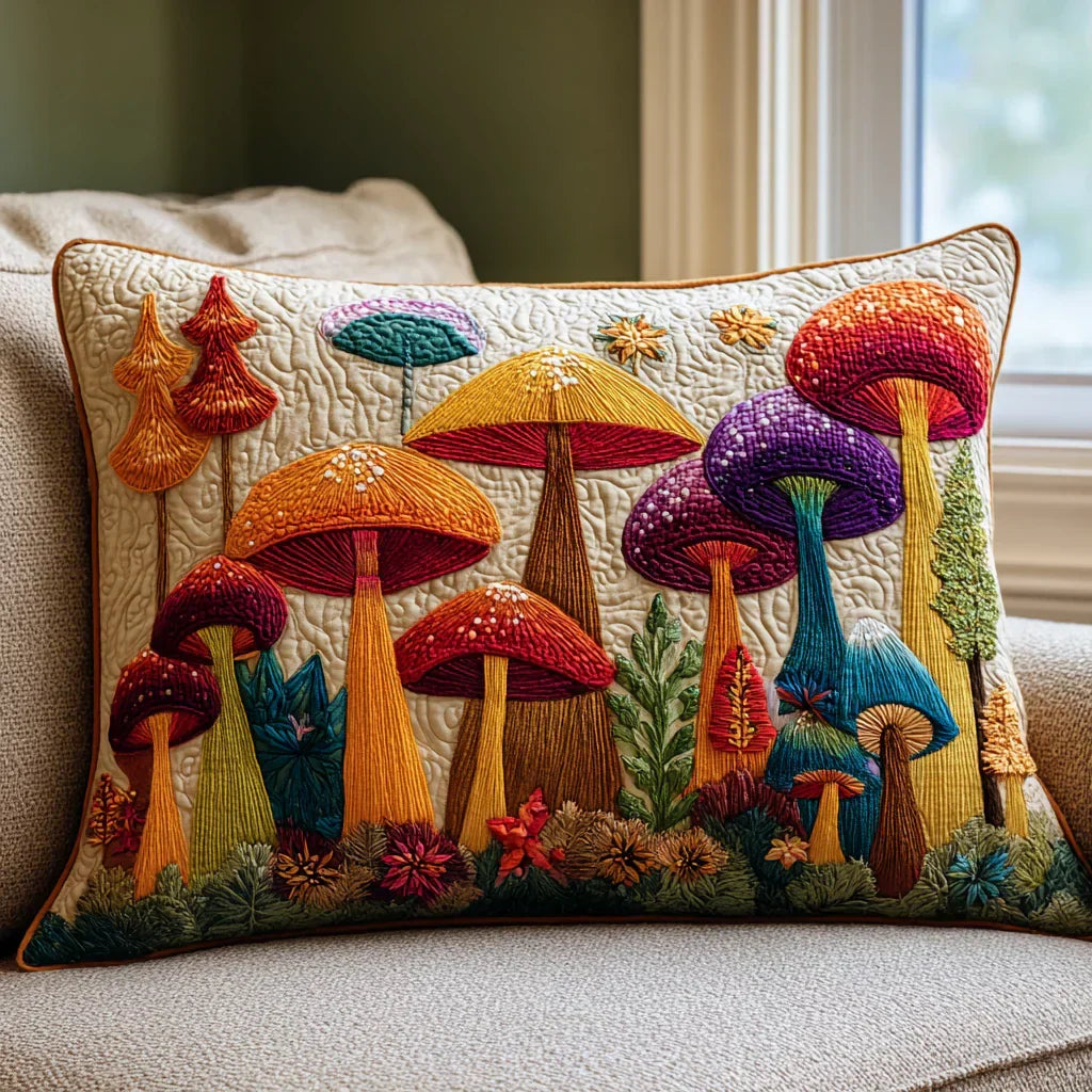 Quilted pillowcase with the Mushroom Garden design of toadstools and mushrooms clustered among ferns and grasses in russet, cream and soft green