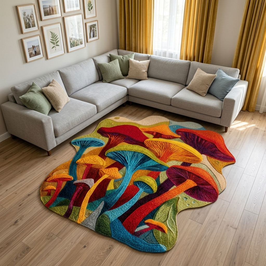 Mushroom Haven shaped rug – rainbow mushrooms