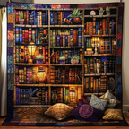 Cosy Library Nook quilted throw – lantern-lit shelves of books with cushions