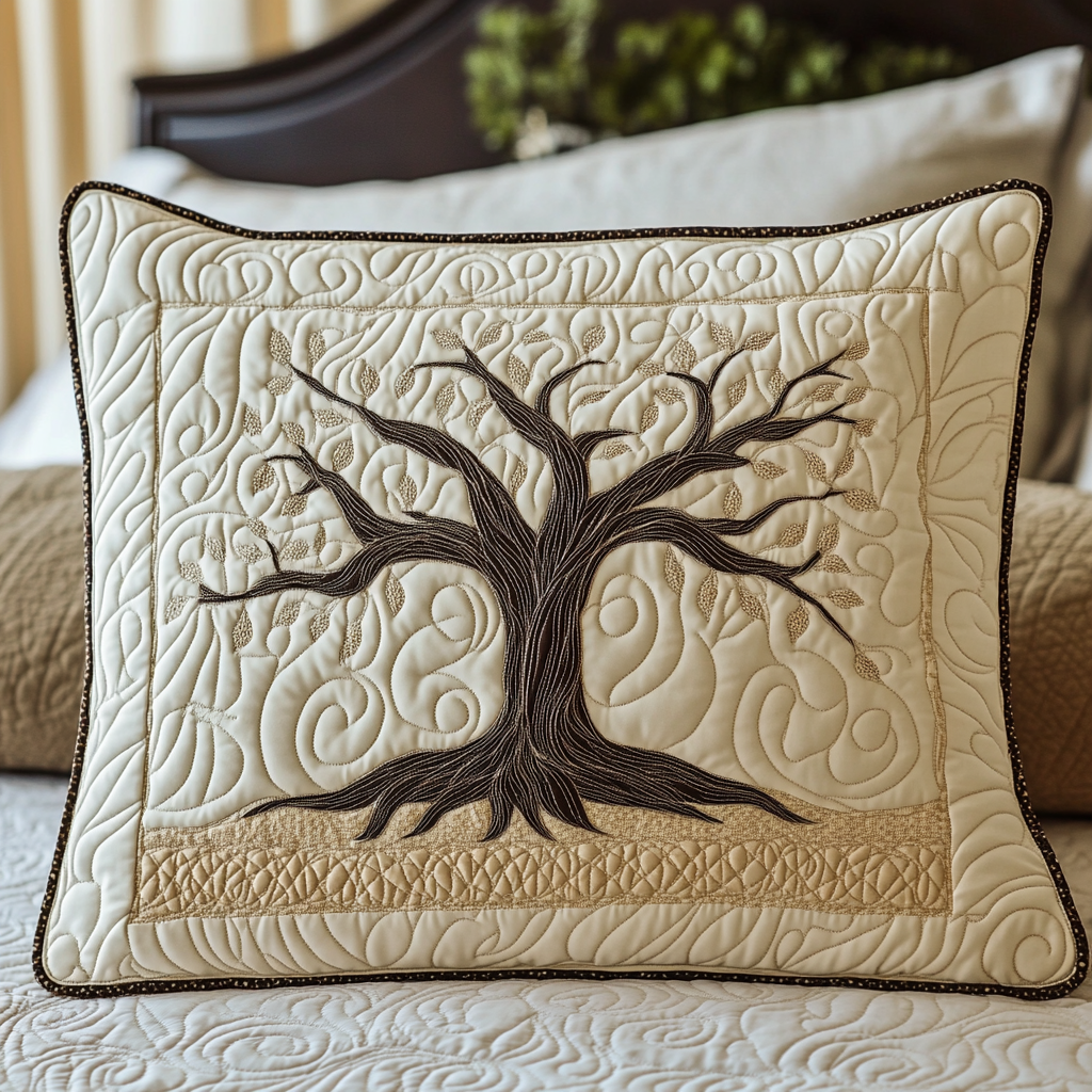 Brown Tree of Life quilted pillowcase – dark brown tree on soft cream