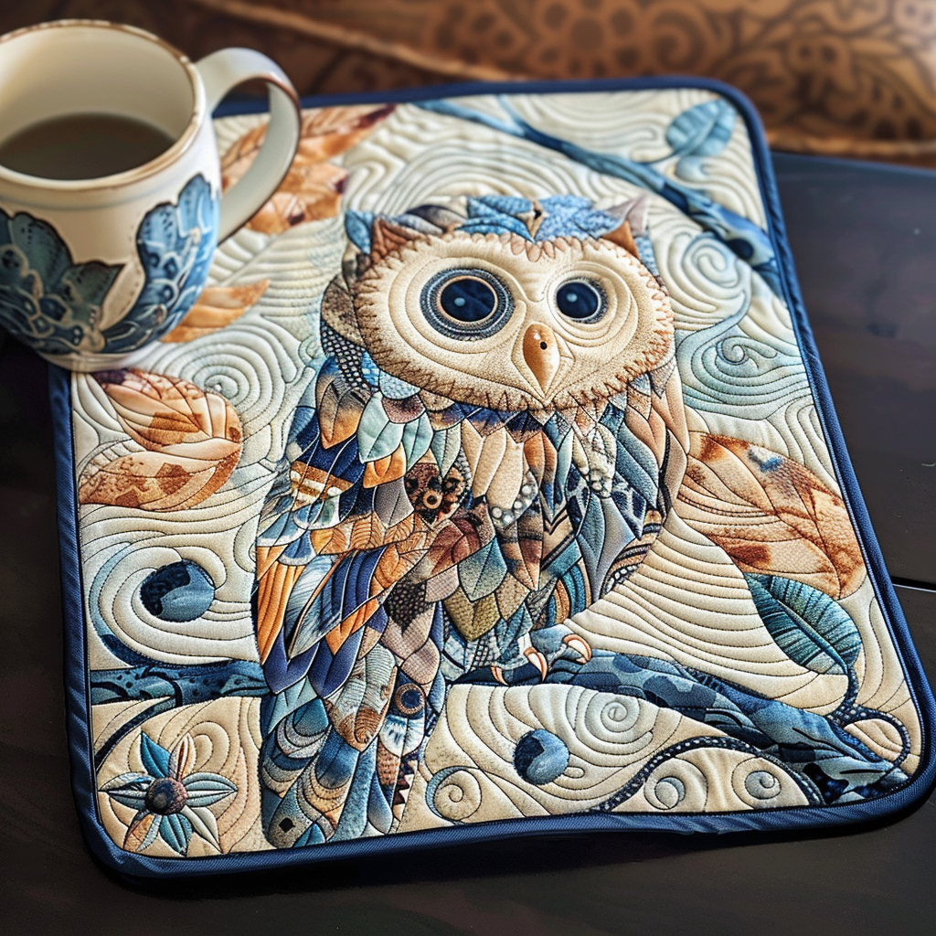 Mystic Midnight Owl quilted placemats – patterned blue owl