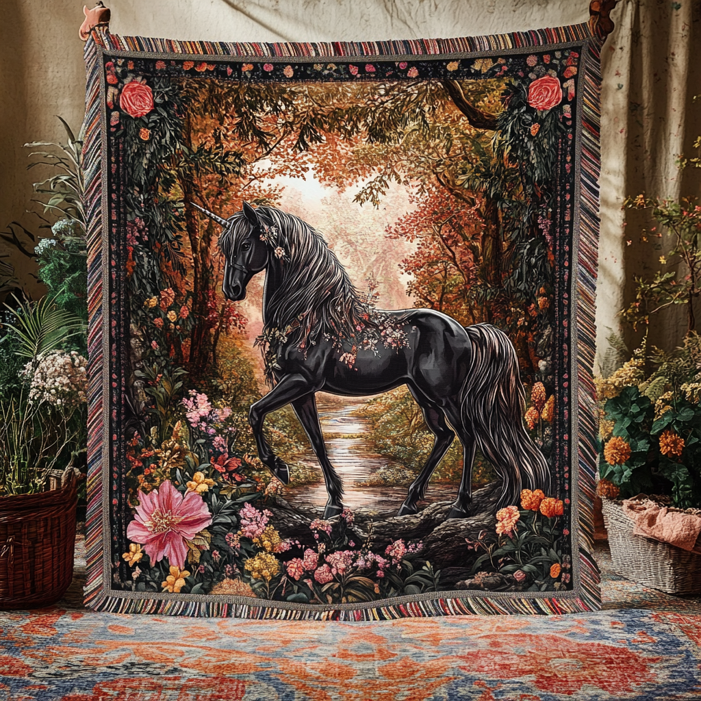 Black Unicorn Woods woven sofa throw – black unicorn in autumn woods