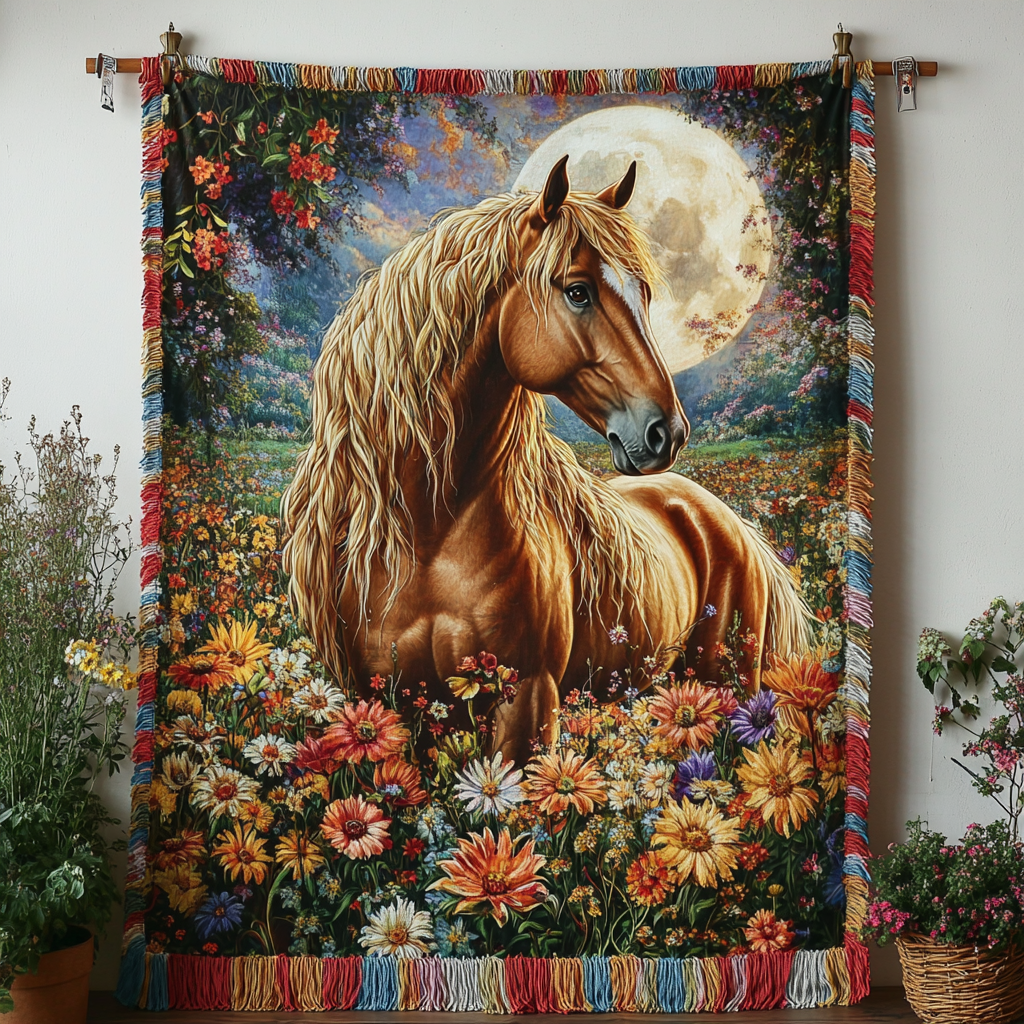 Golden Mane woven sofa throw – golden horse among wildflowers