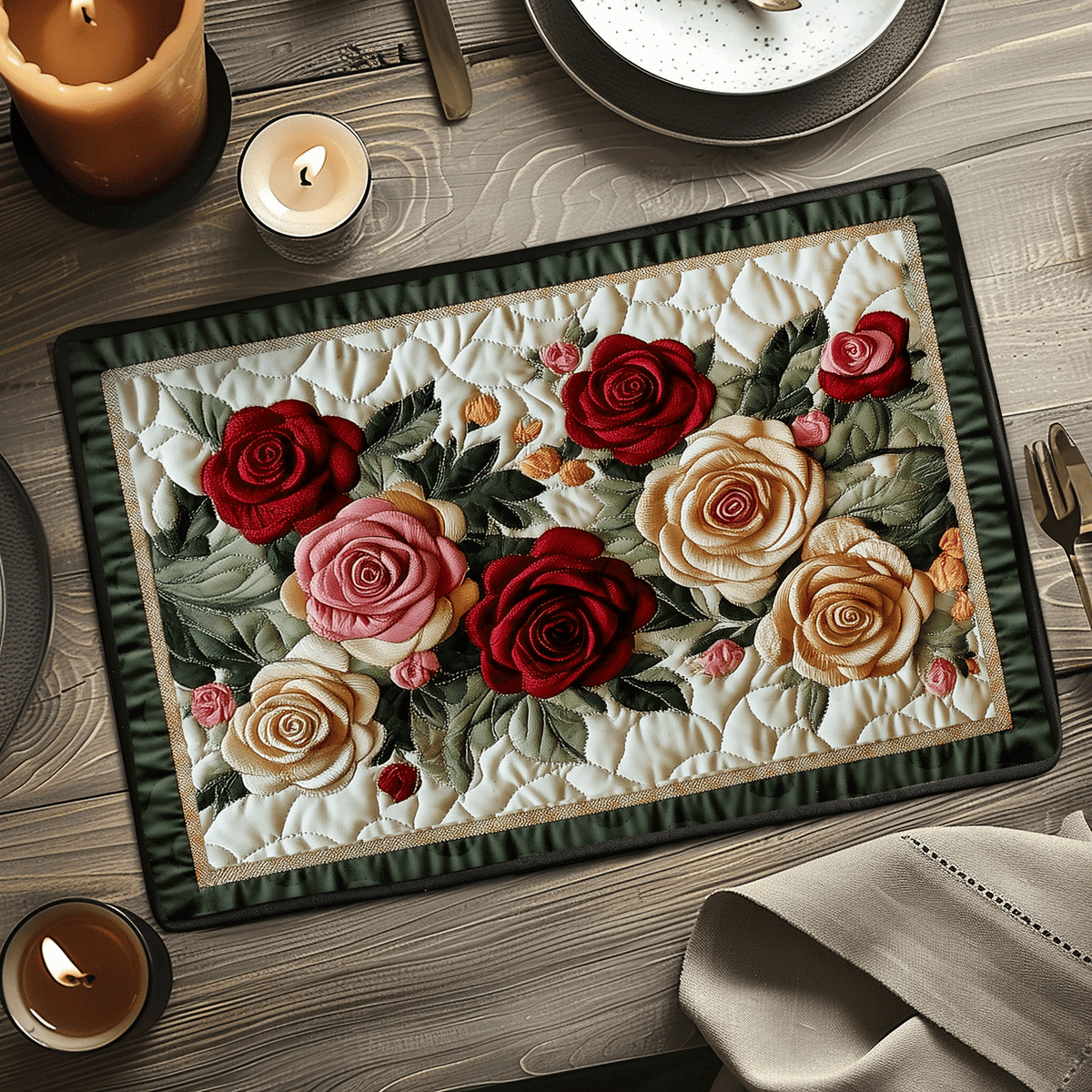 Mystic Rose quilted placemats – garland of roses