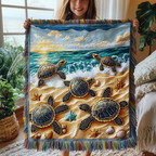Turtle Beach Waves woven sofa throw – sea turtles on golden sand