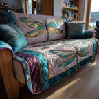 Lilac Dragonflies quilted sofa cover – dragonflies on lilac and teal