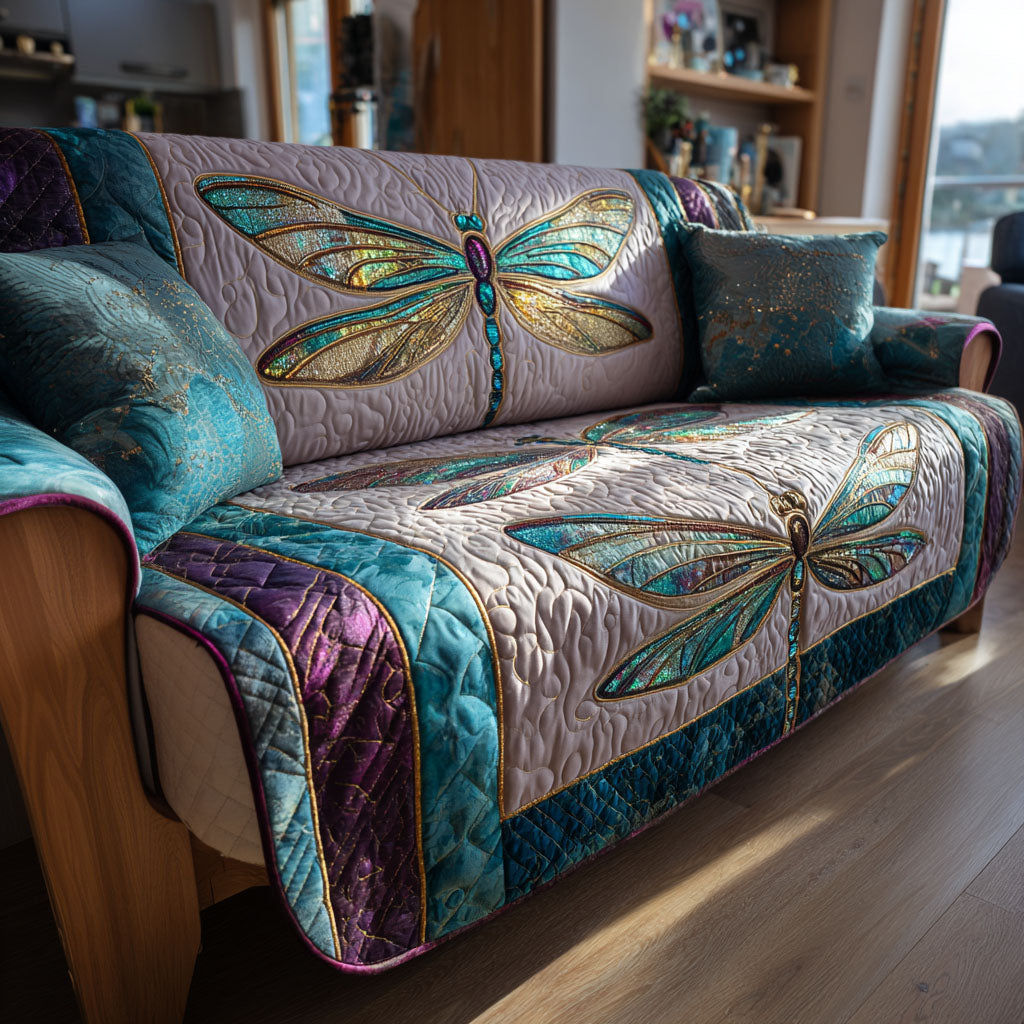 Lilac Dragonflies quilted sofa cover – dragonflies on lilac and teal