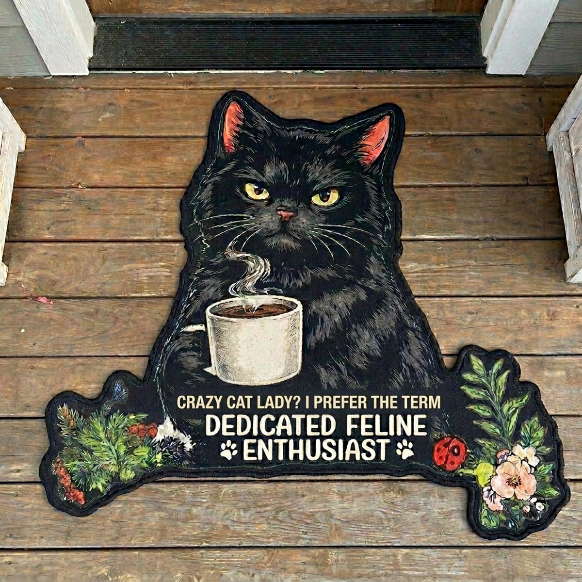 Feline Enthusiast shaped doormat – cat with coffee