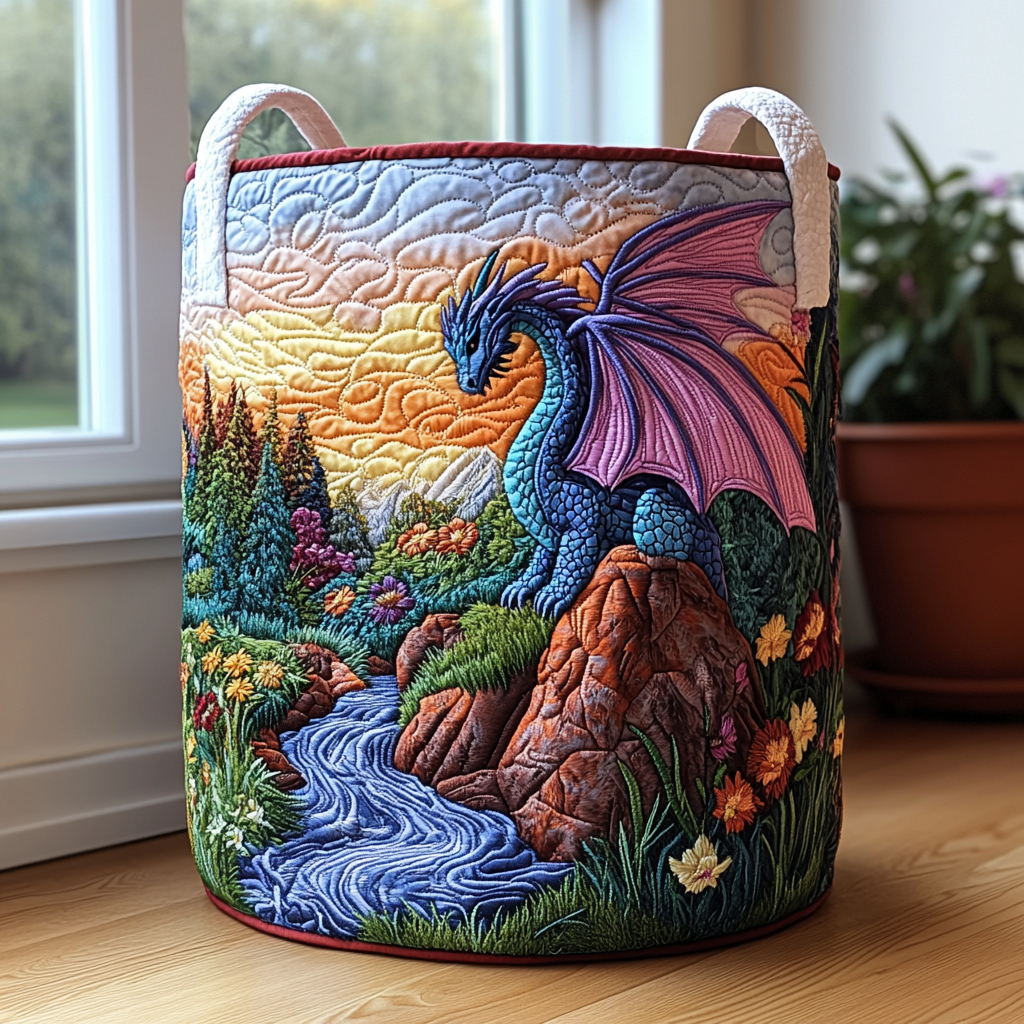 Waterfall Dragon quilted laundry basket – dragon by a waterfall