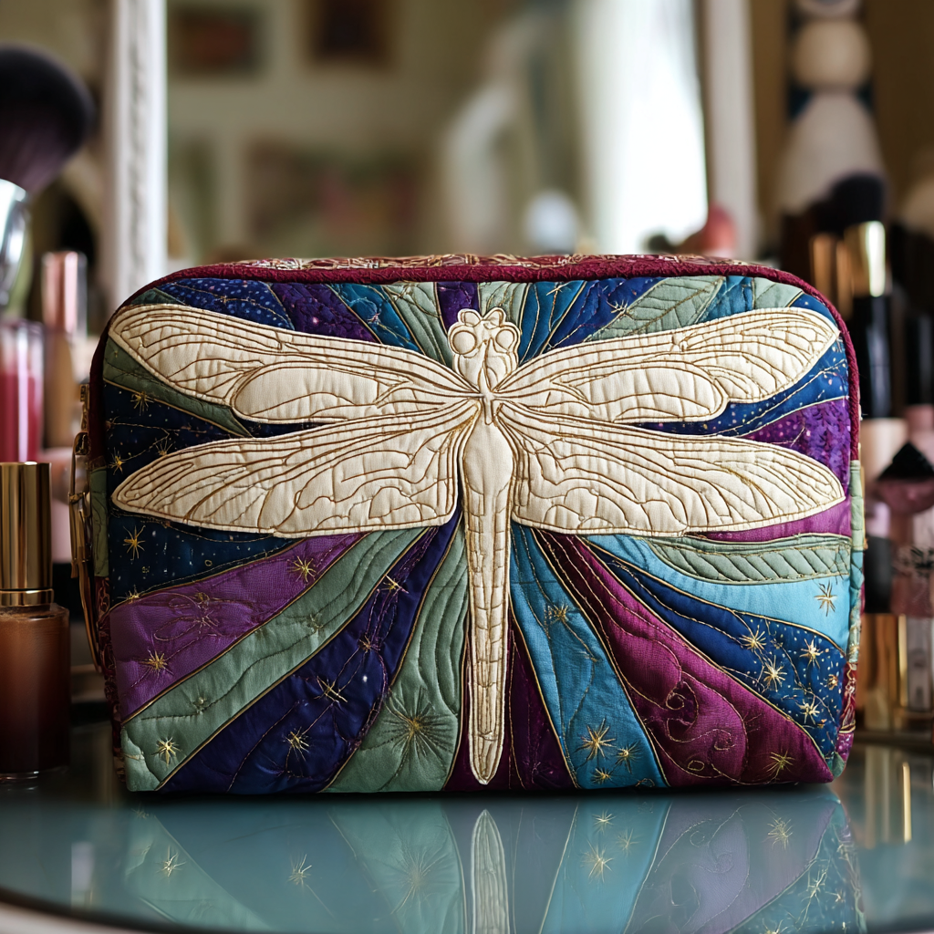 Mystic Dragonfly quilted make-up bag with large cream dragonfly over rays of purple, teal and gold