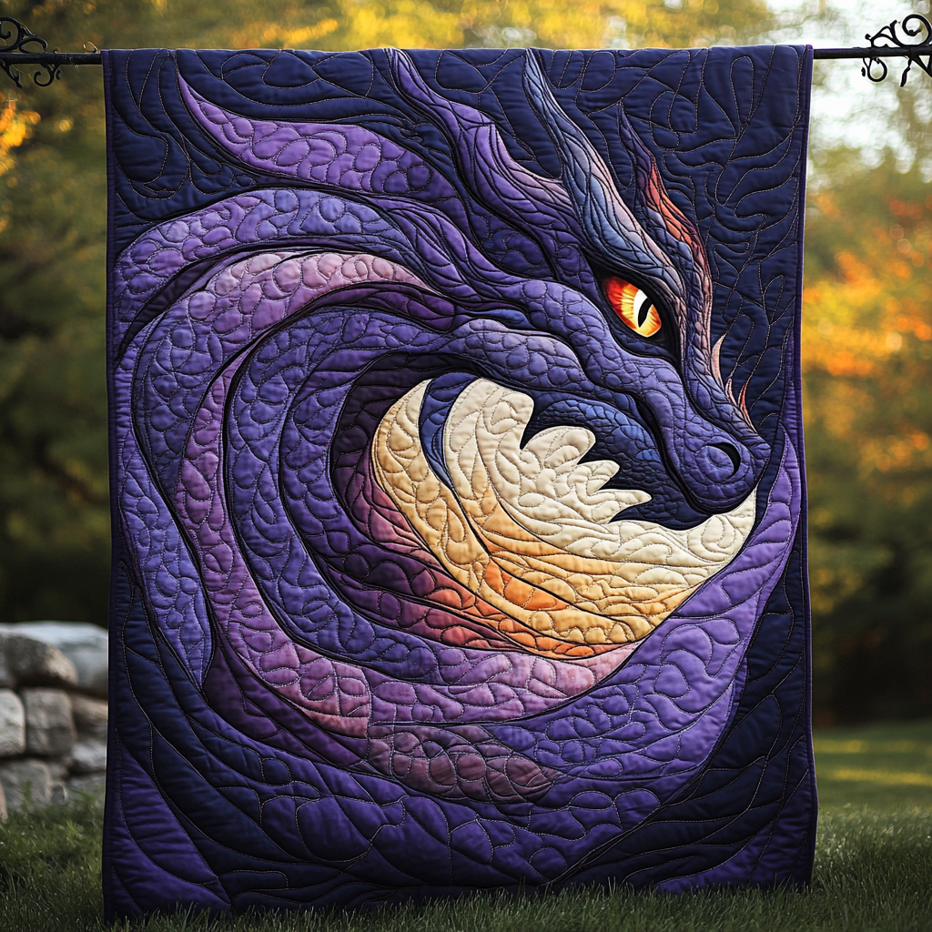 Purple Crescent Dragon quilted throw – purple dragon curled around a cream crescent
