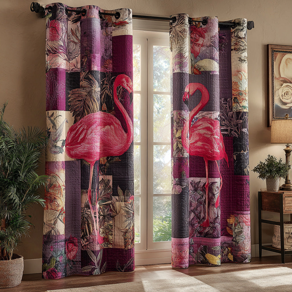 Plum Flamingo Patchwork quilted curtains – flamingos on plum patchwork