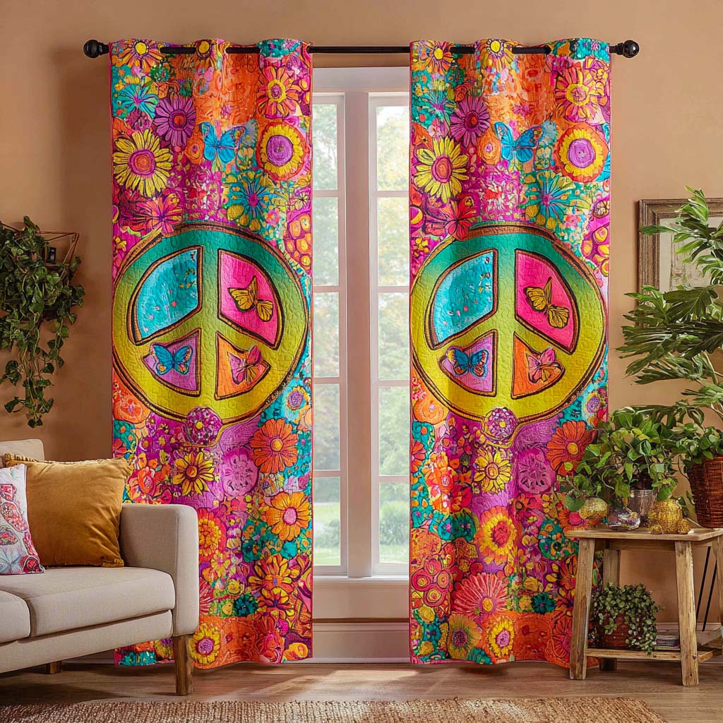 Groovy Peace Garden quilted curtains – peace signs among bright flowers