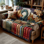 Dragon's Reading Room quilted sofa cover – dragon above book spines