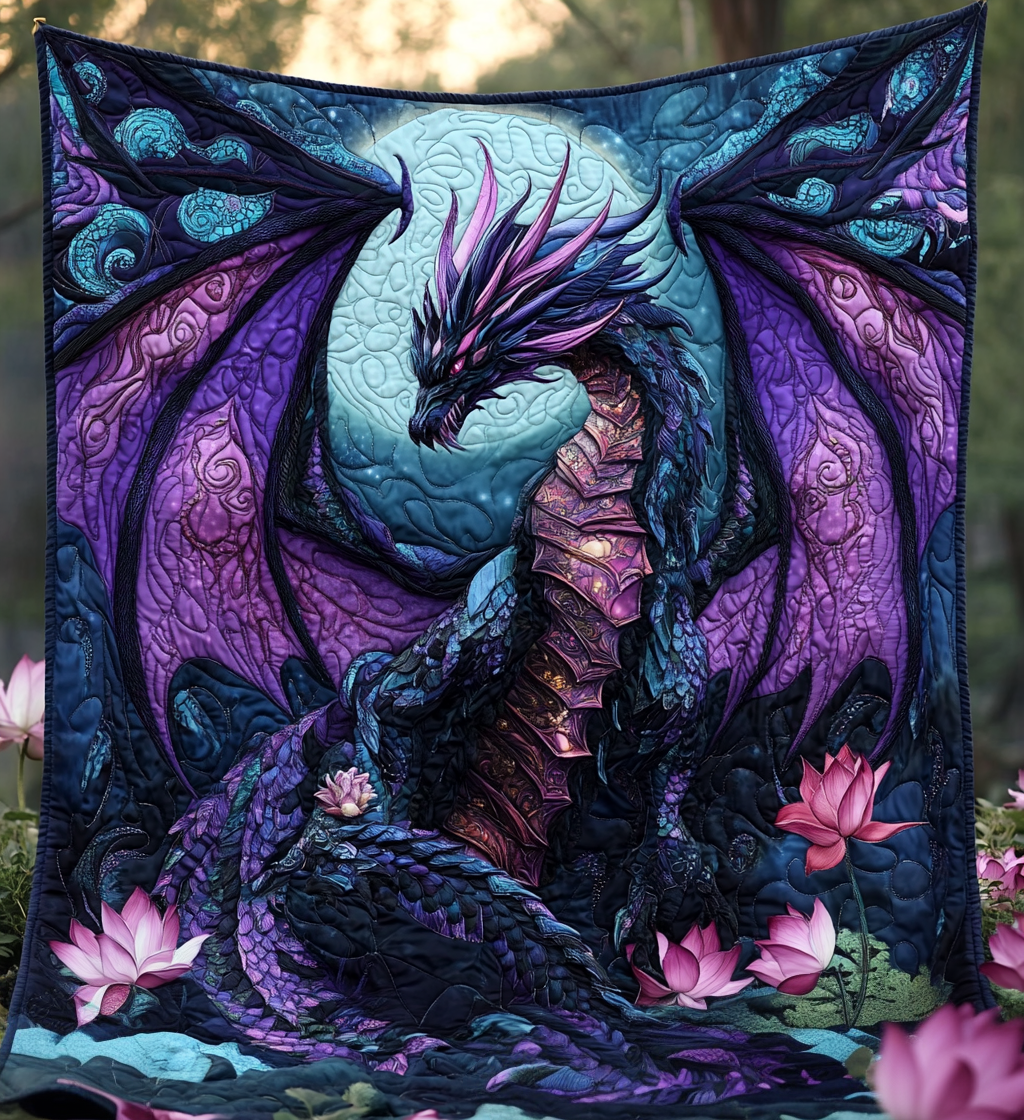 Dragon and Lotus quilted throw – purple dragon above pink lotus flowers