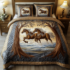 Horses in the Woods quilted bedspread set – brown horses galloping through trees