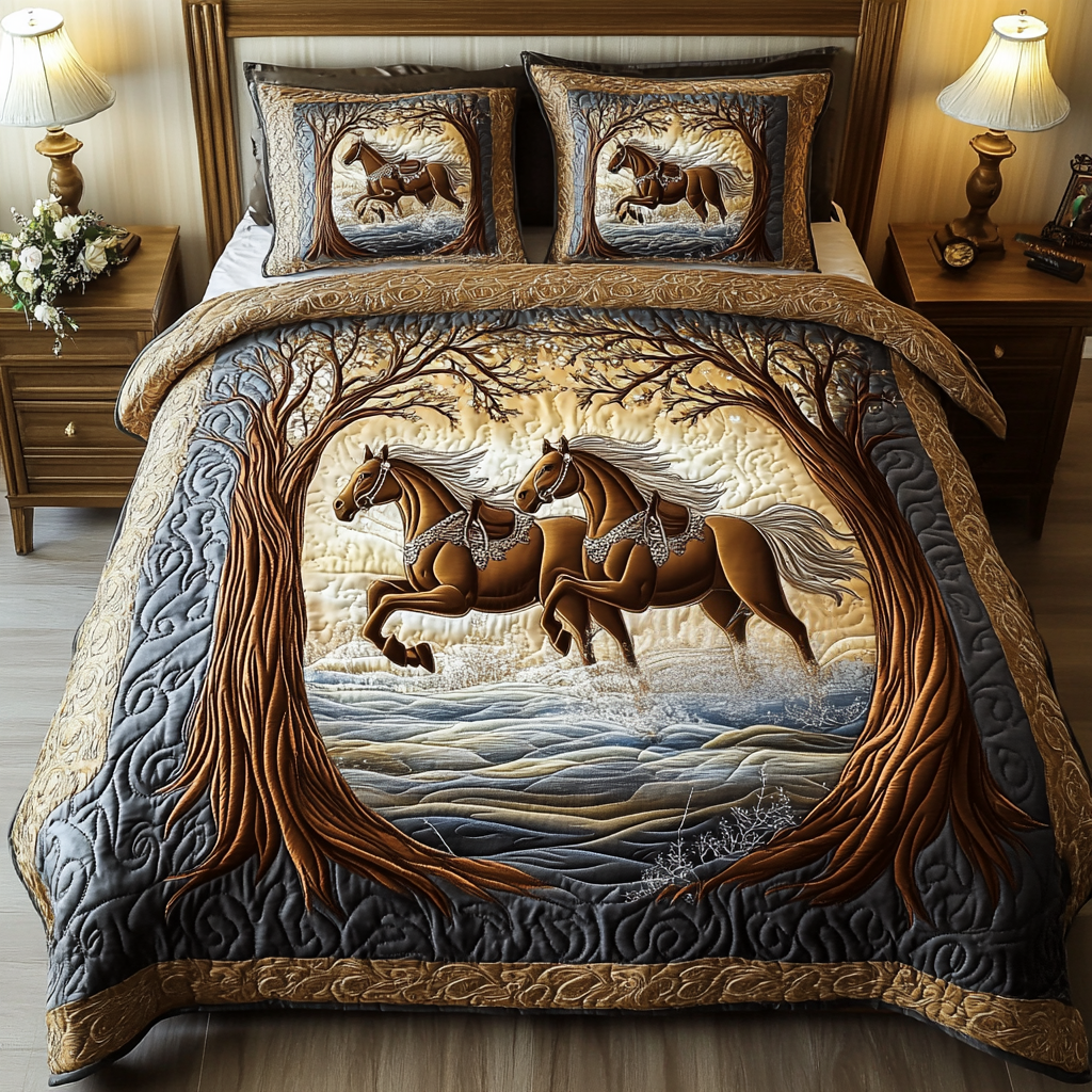 Horses in the Woods quilted bedspread set – brown horses galloping through trees