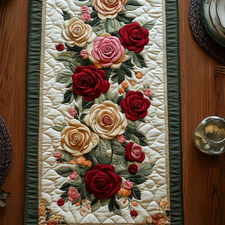 Rose Cascade quilted table runner – cascading roses on cream