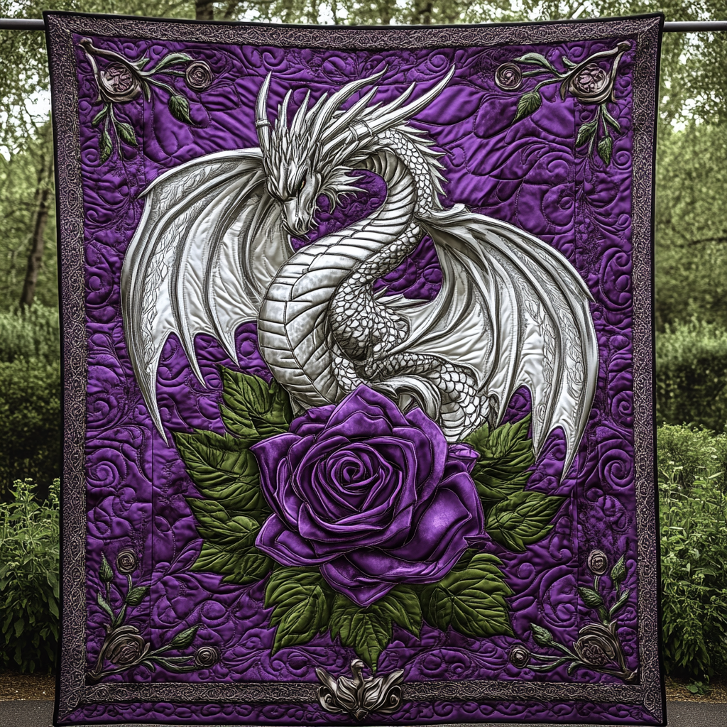 Silver Dragon and Rose quilted throw – silver dragon above a purple rose
