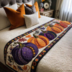 Purple Pumpkins quilted bed runner – purple and orange pumpkins