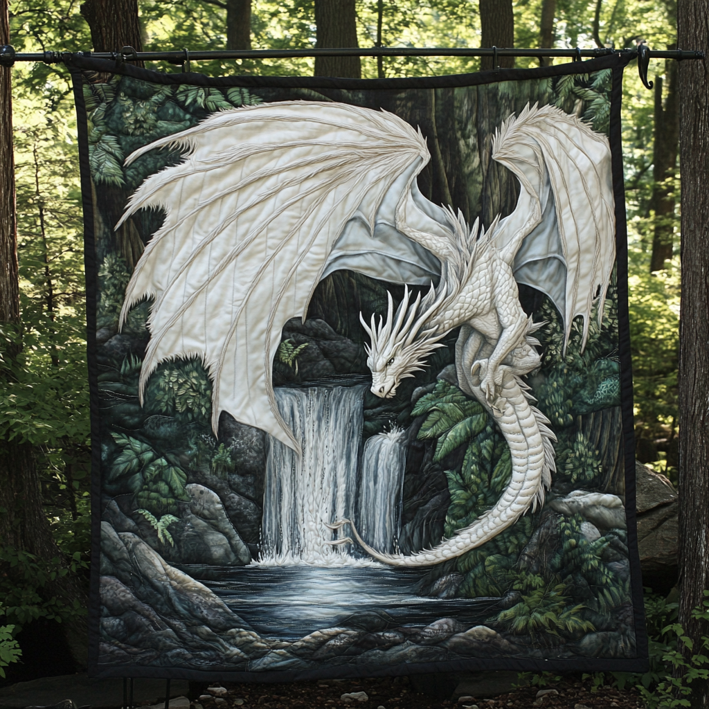 Waterfall White Dragon quilted throw – white dragon above a forest waterfall