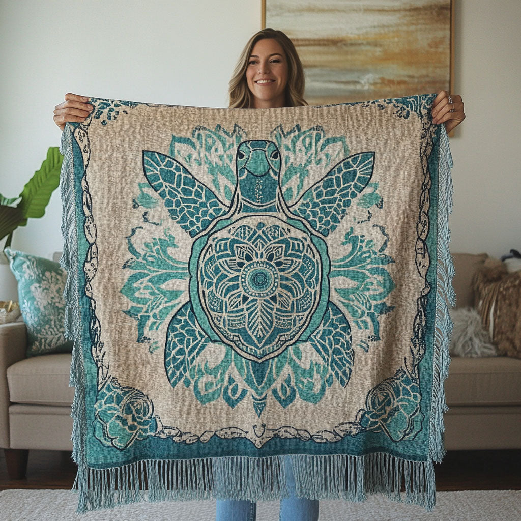 Aqua Mandala Turtle woven sofa throw – mandala sea turtle in aqua