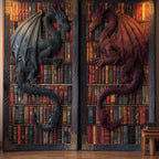 Twin Library Dragons quilted curtains – two dragons on bookshelves
